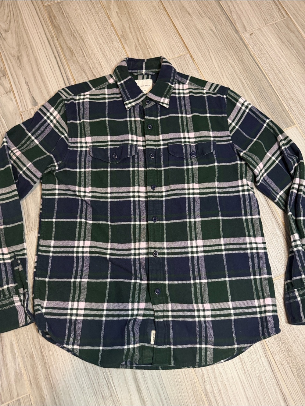 American Eagle Outfitters Navy, Green & White Plaid Button-Down Shirt